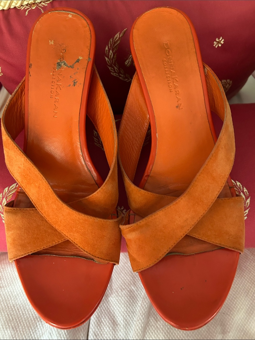 Donna Karan Orange Suede Crisscross Wedge Slides